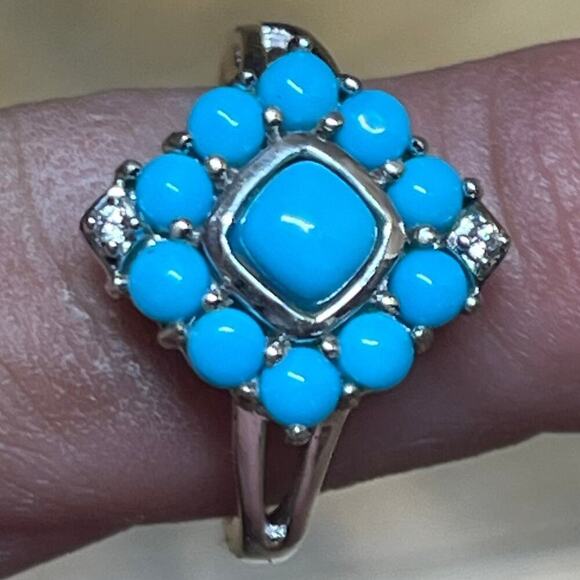 JTV Iron Silver Ring. Sleeping Beauty Turquoise. 2 faux diamonds. Boho Western - Picture 2 of 8